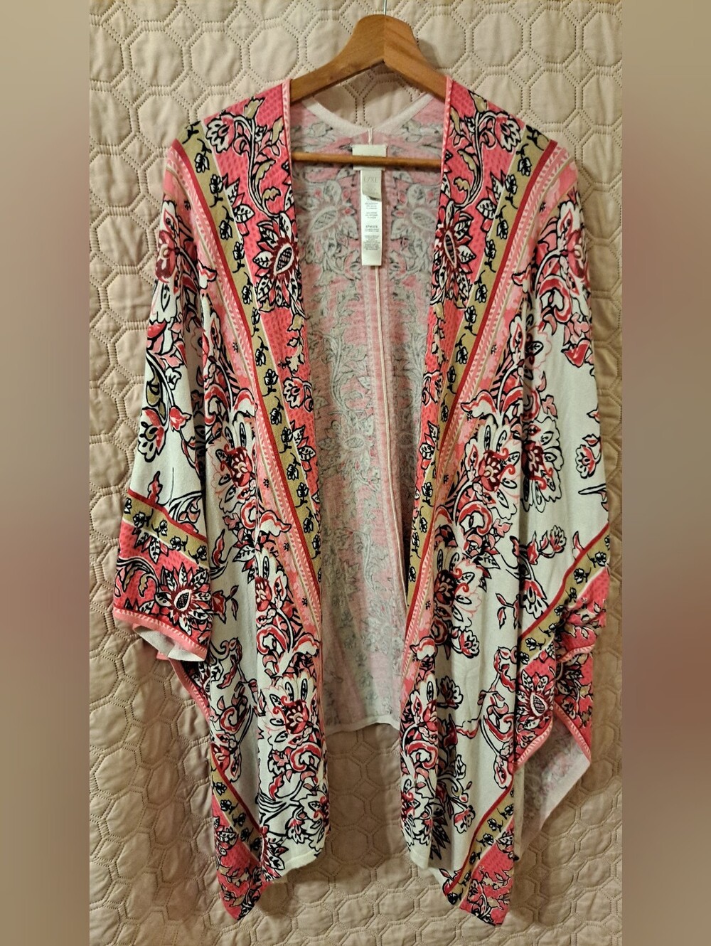 Chicos Coral Floral Open Front Kimono Wtap Sz L/XL